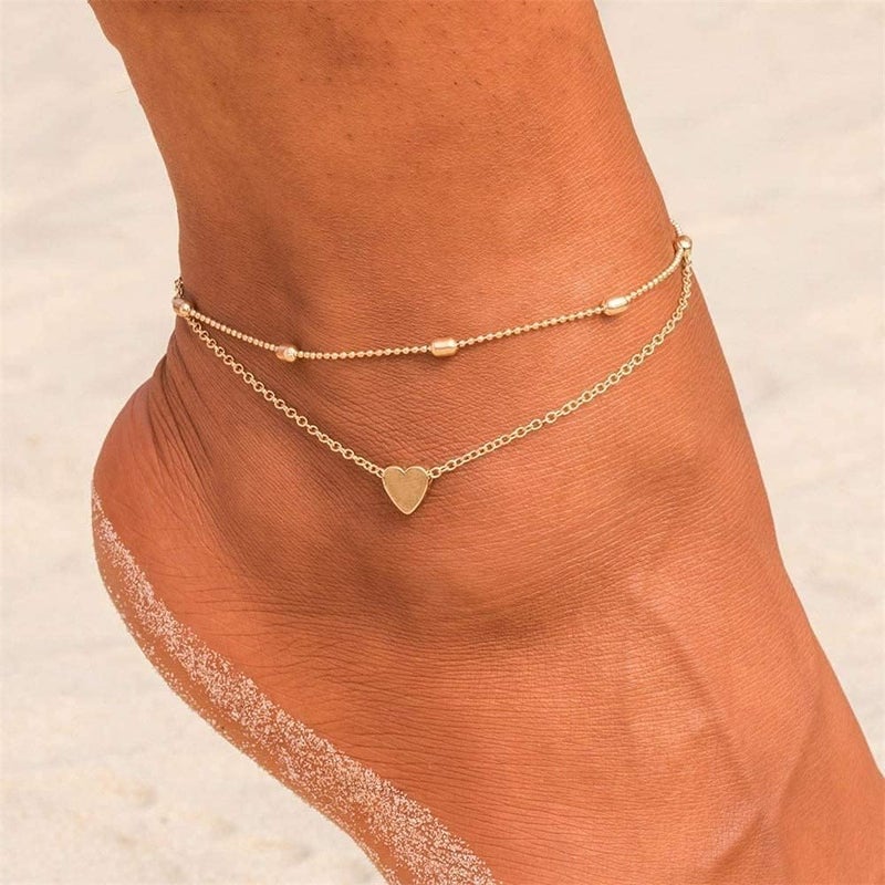 MIDEEO Gold/Silver Ankle Bracelets for Women,14K Gold Anklets for Women Waterproof Cuban Link Heart Beads Herringbone Rhinestone Anklets Set Layered Anklet Bracelets for Women Gold Jewelry Gift - Image 2